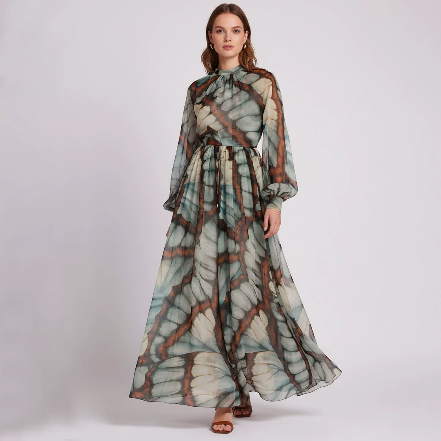 Polyester Long Dress with Stand Collar and Print
