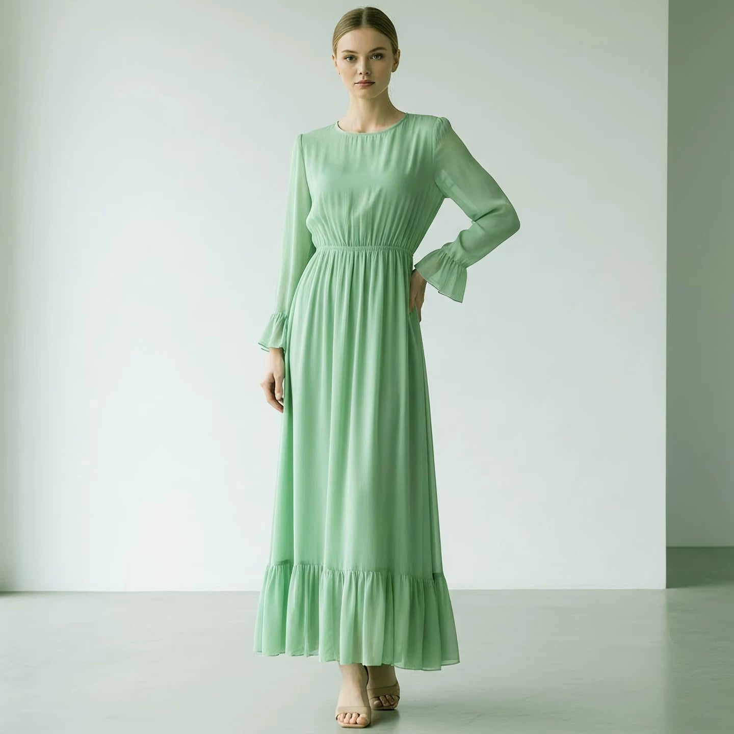 Viscose Faux Two-Piece Mint Green Dress