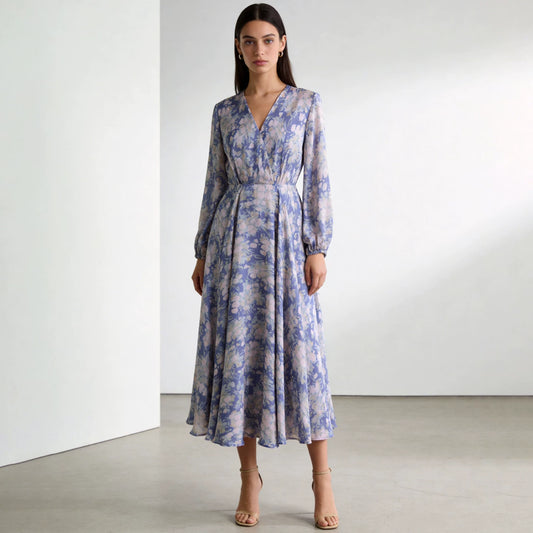 Tencel V-Neck Dress with Floral Print and Three-Quarter Sleeves