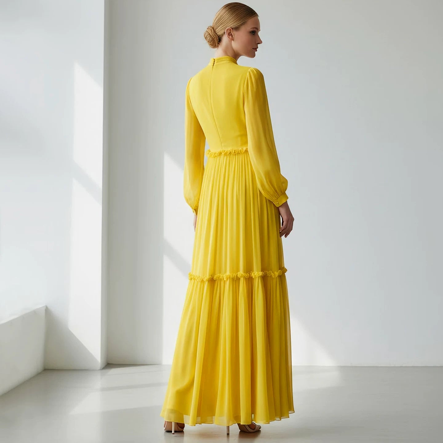 Polyester Yellow Maxi Dress with Ruffle Details
