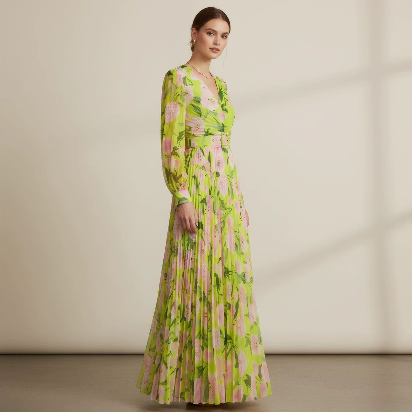 Cotton V-Neck Pleated Dress with Balloon Sleeves