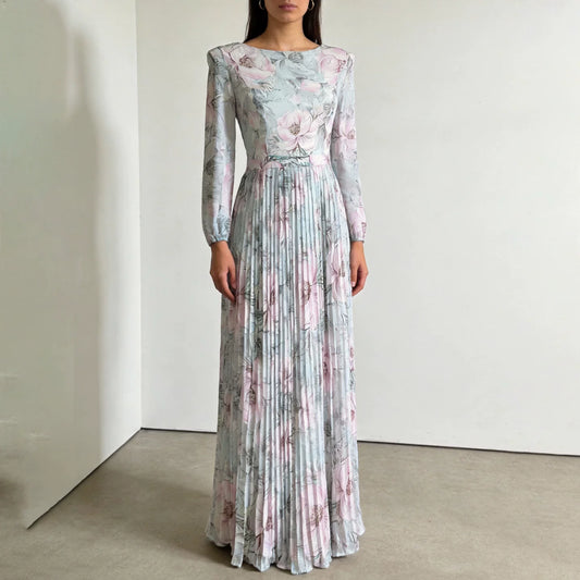Polyester Printed Ankle-Length Dress with Long Sleeves