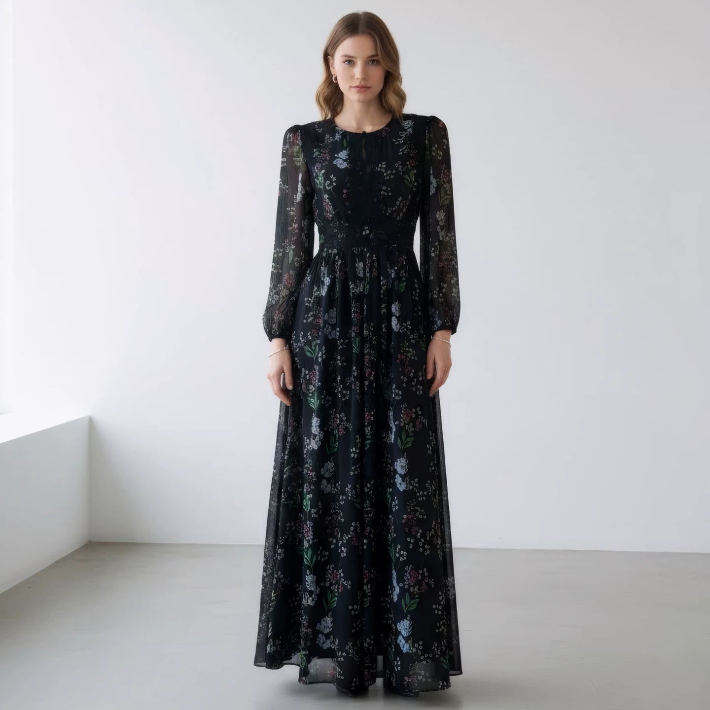 Mulberry Silk Lace Long Dress with Hollow-Out Design