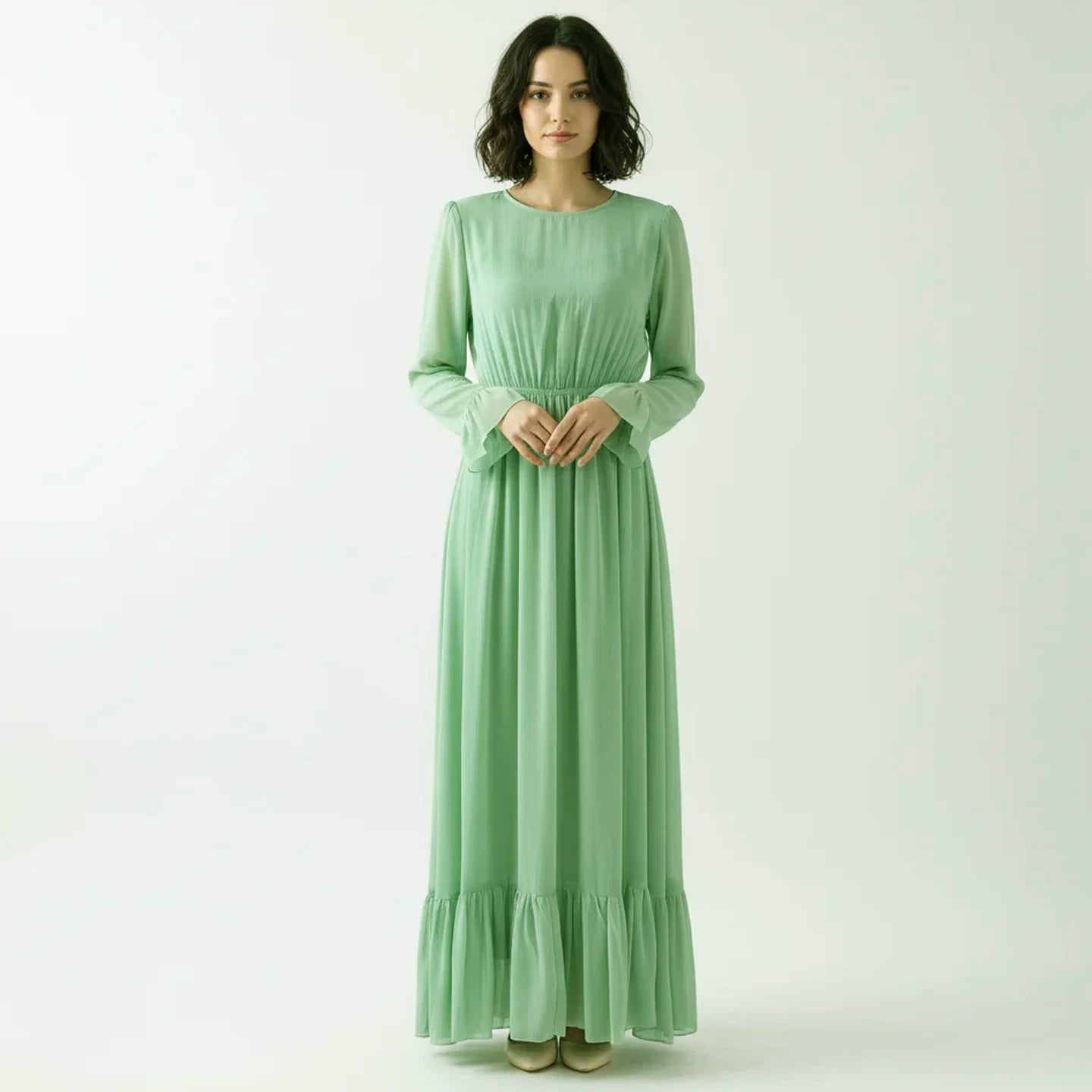 Viscose Faux Two-Piece Mint Green Dress