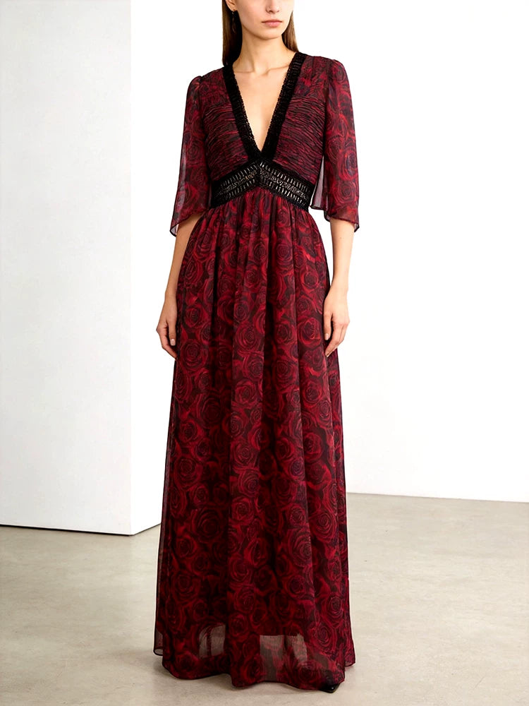 Lace V-Neck High Waist Dress with Rose Pattern