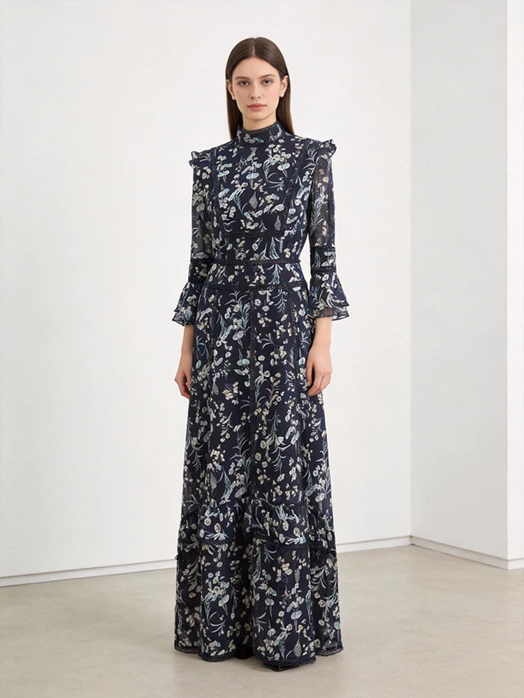 Mulberry Silk Long Dress with Lace Detailing