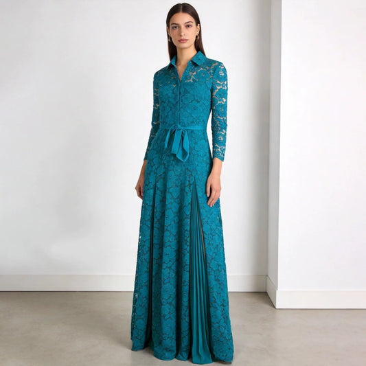 Lace Faux Two-Piece Dress with Pleated Skirt and Tie Waist