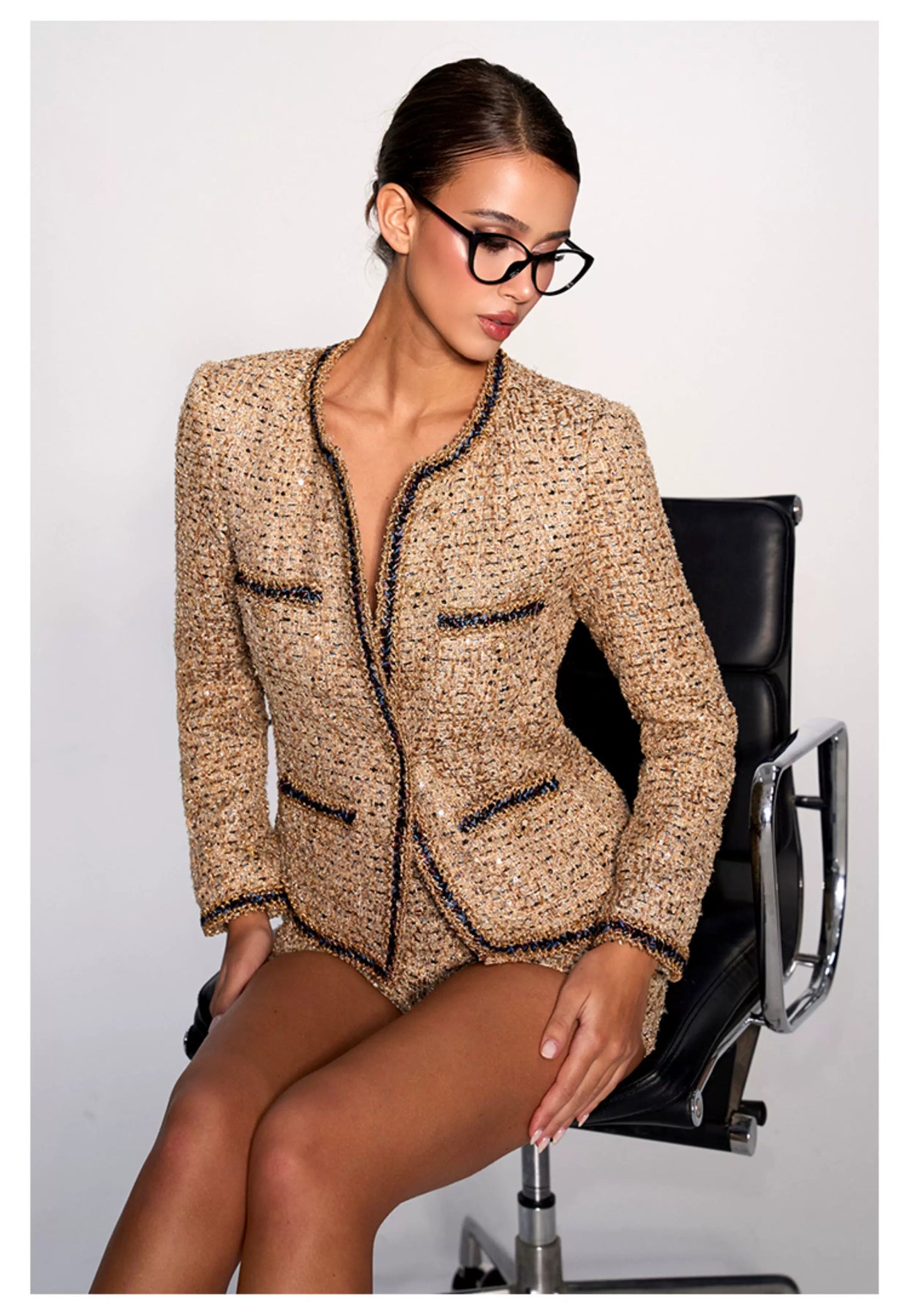 Elegant Two-Piece Set - Coat and Shorts with Gold Trim