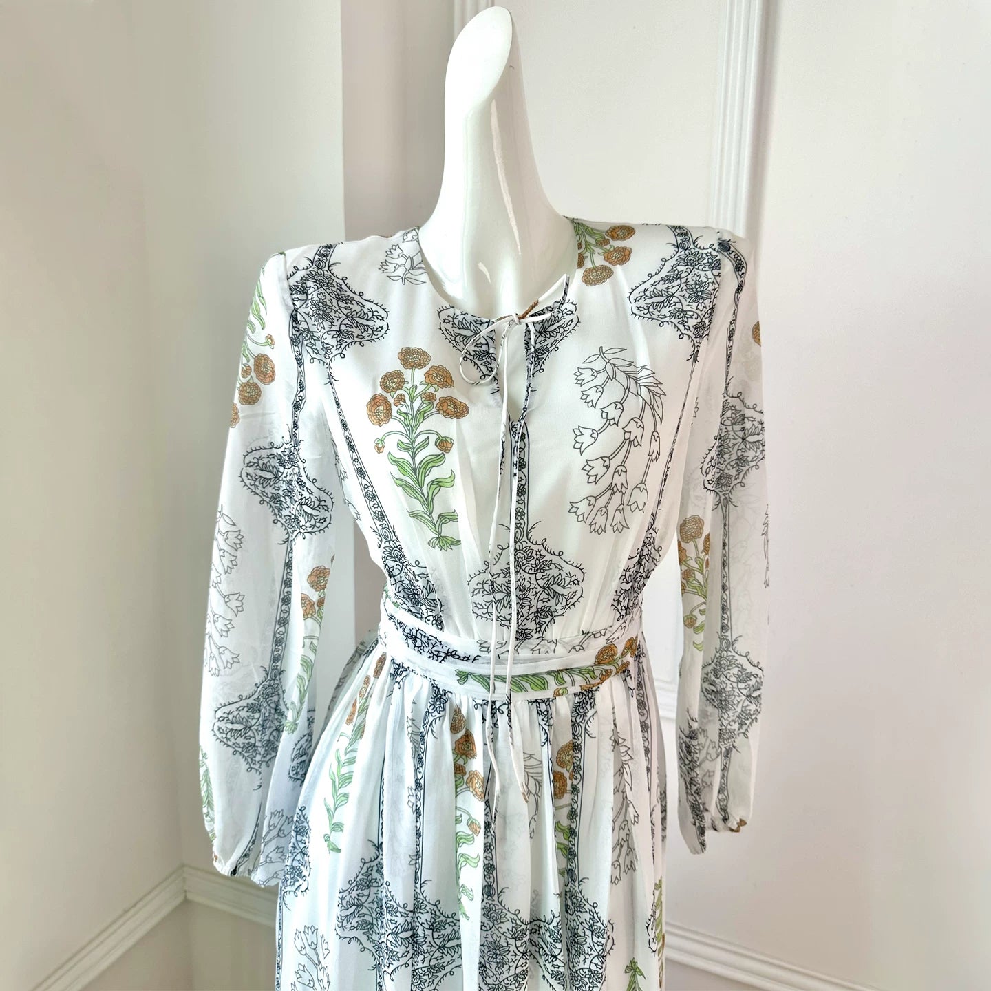 Polyester Floral Long Dress with Lace-Up Detail