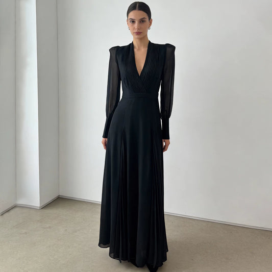 Chiffon V-Neck Pleated Dress with Flowing A-Line Skirt