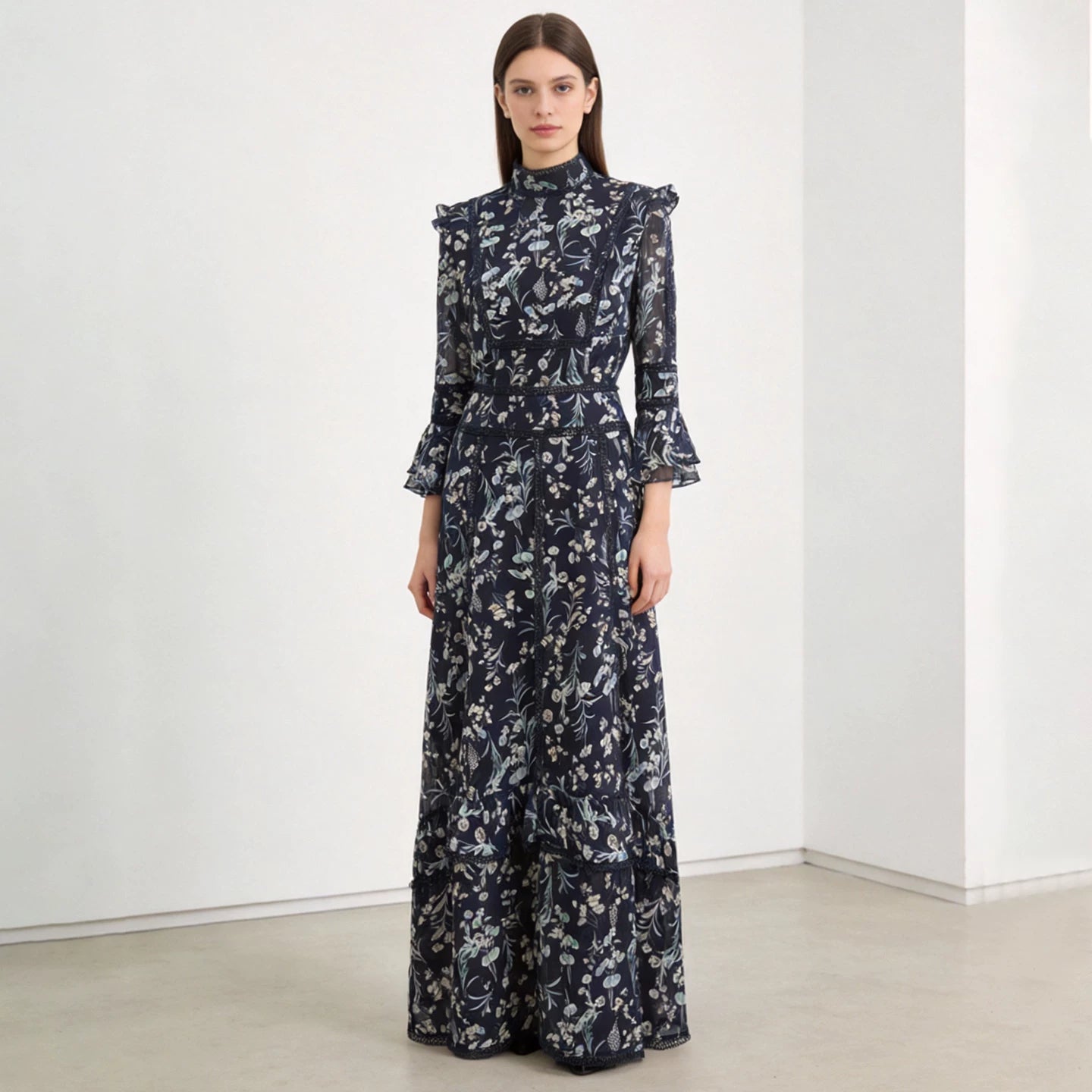 Mulberry Silk Long Dress with Lace Detailing