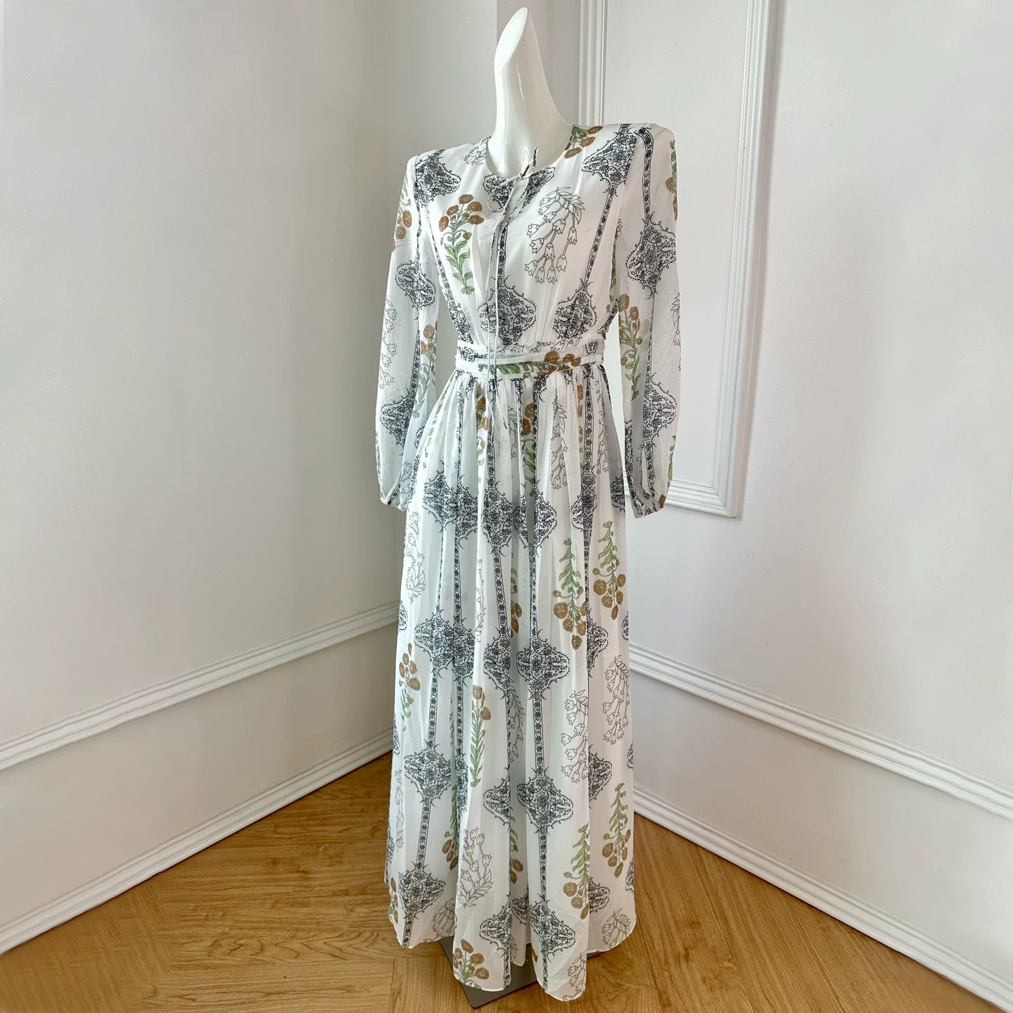 Polyester Floral Long Dress with Lace-Up Detail