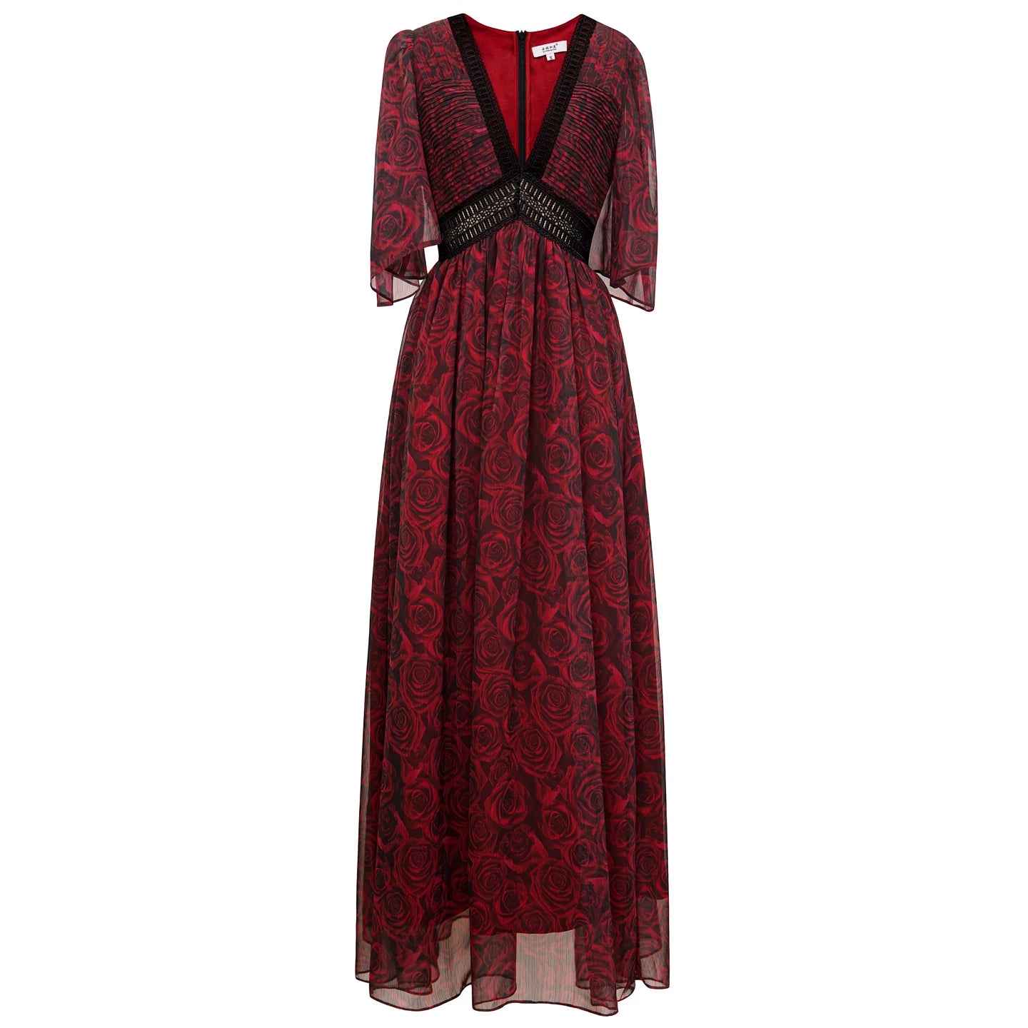 Lace V-Neck High Waist Dress with Rose Pattern