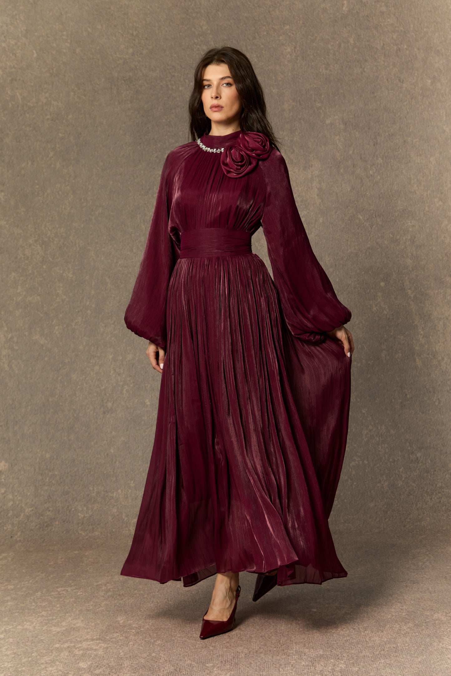 Polished Burgundy Pearl Collared Maxi Dress