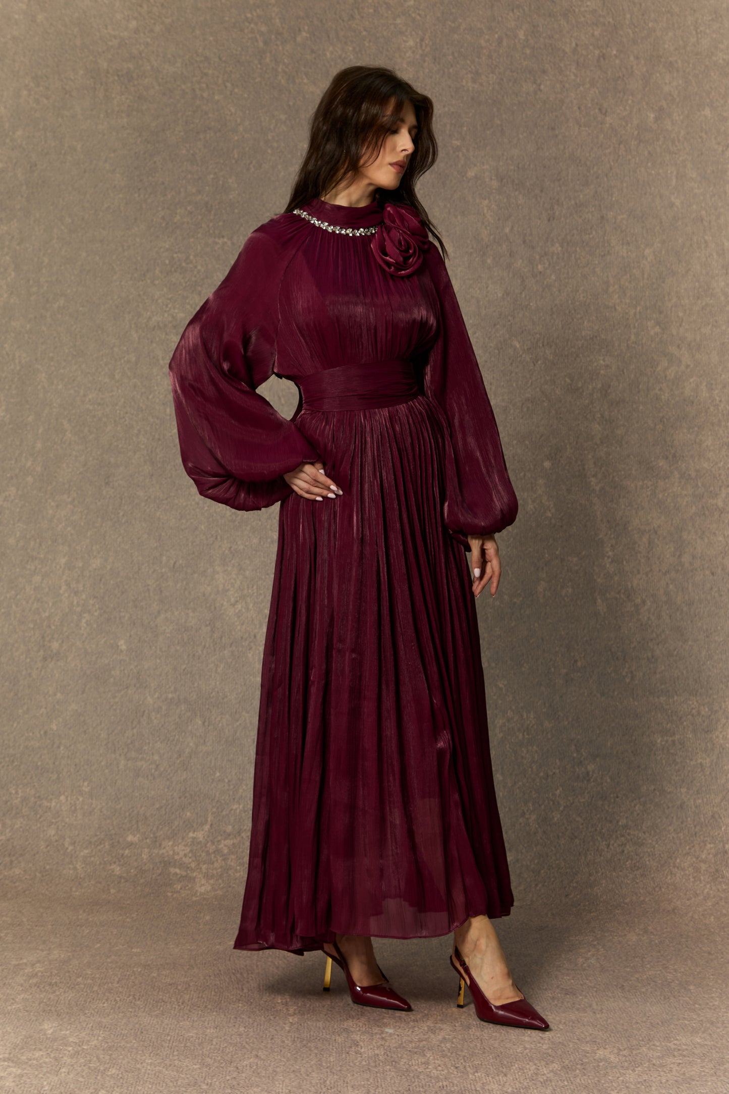 Polished Burgundy Pearl Collared Maxi Dress