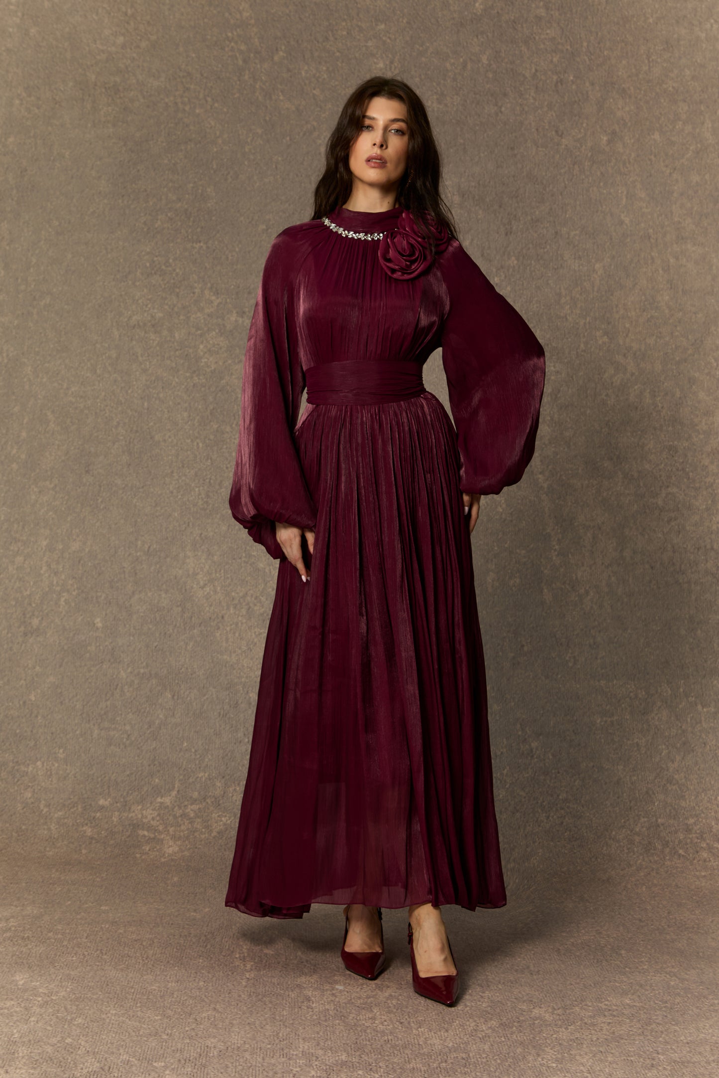 Polished Burgundy Pearl Collared Maxi Dress