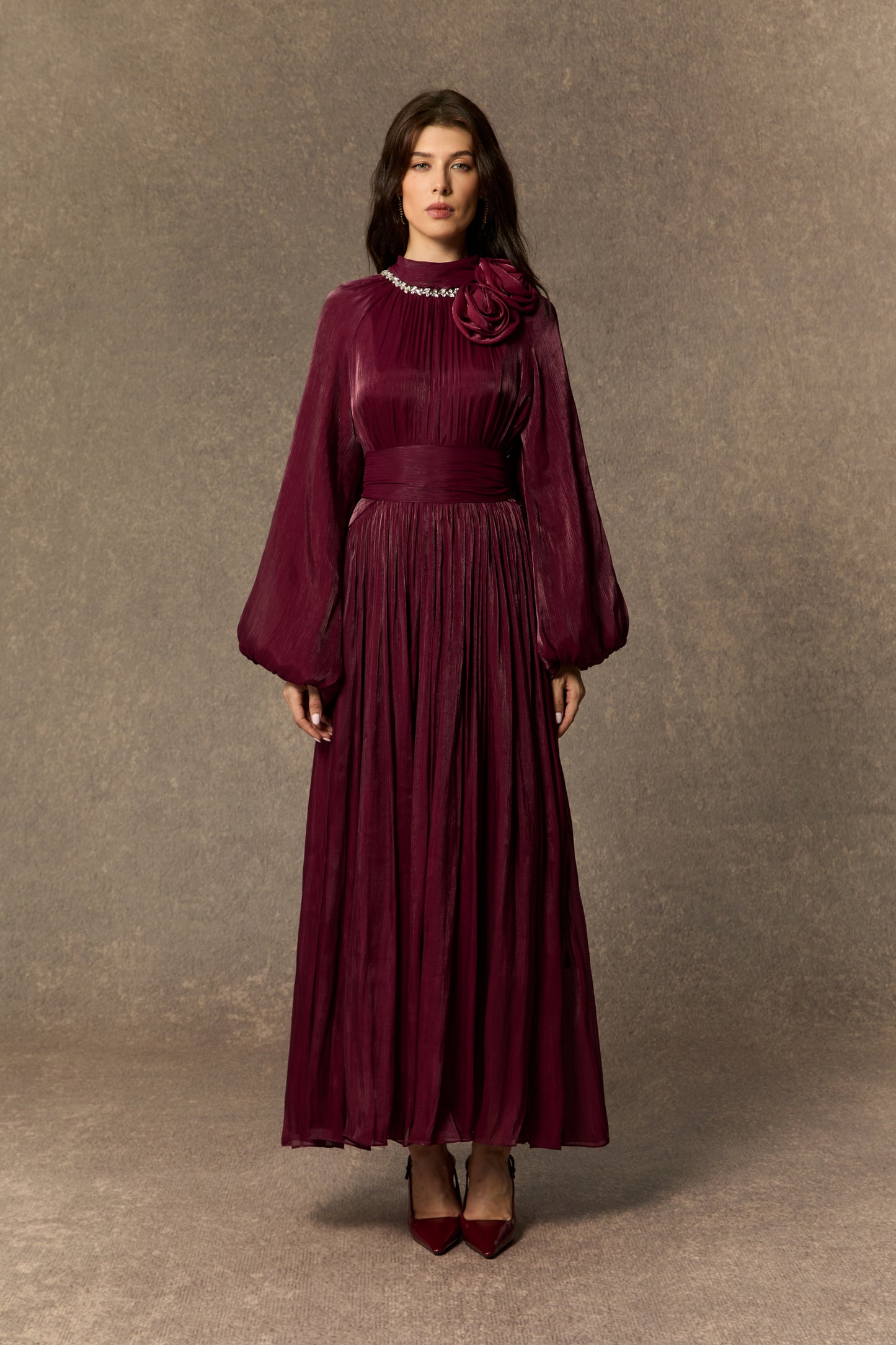 Polished Burgundy Pearl Collared Maxi Dress