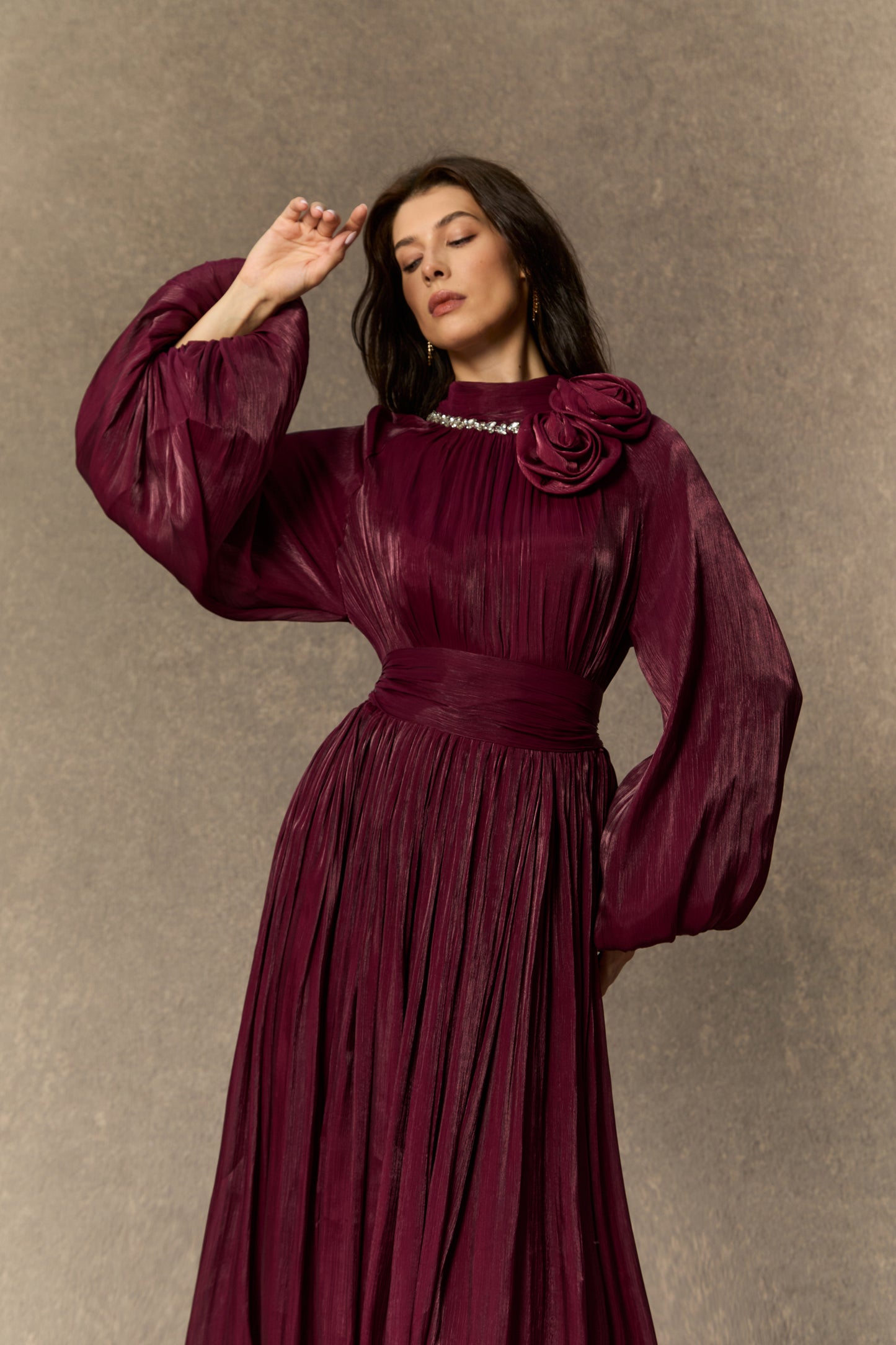 Polished Burgundy Pearl Collared Maxi Dress