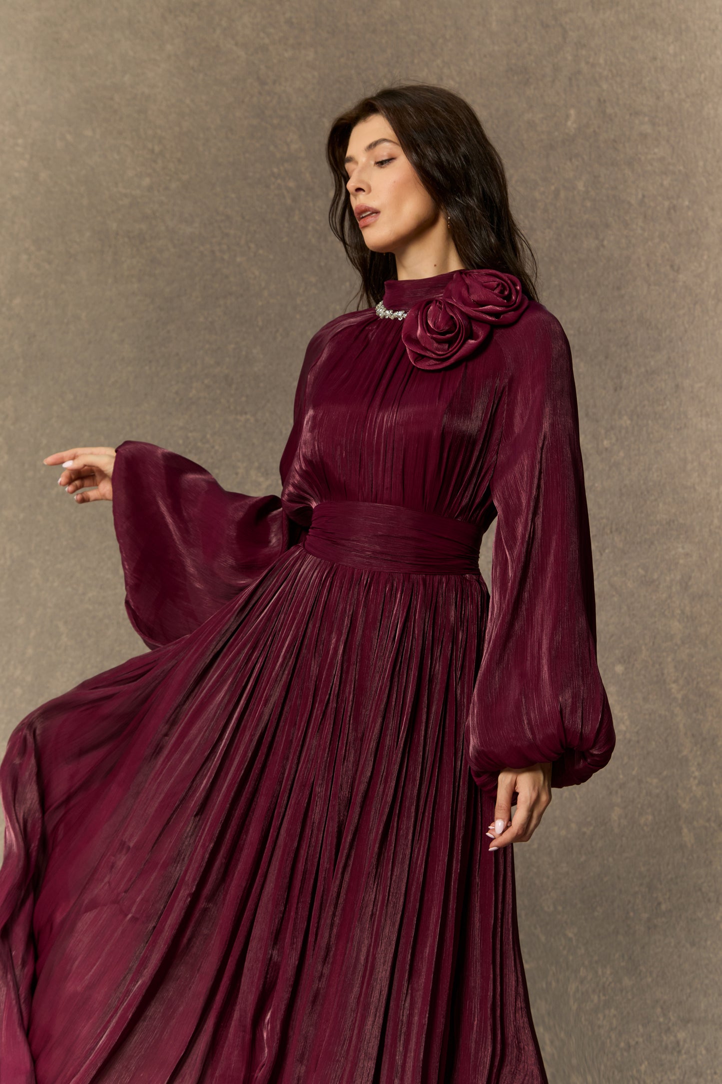 Polished Burgundy Pearl Collared Maxi Dress