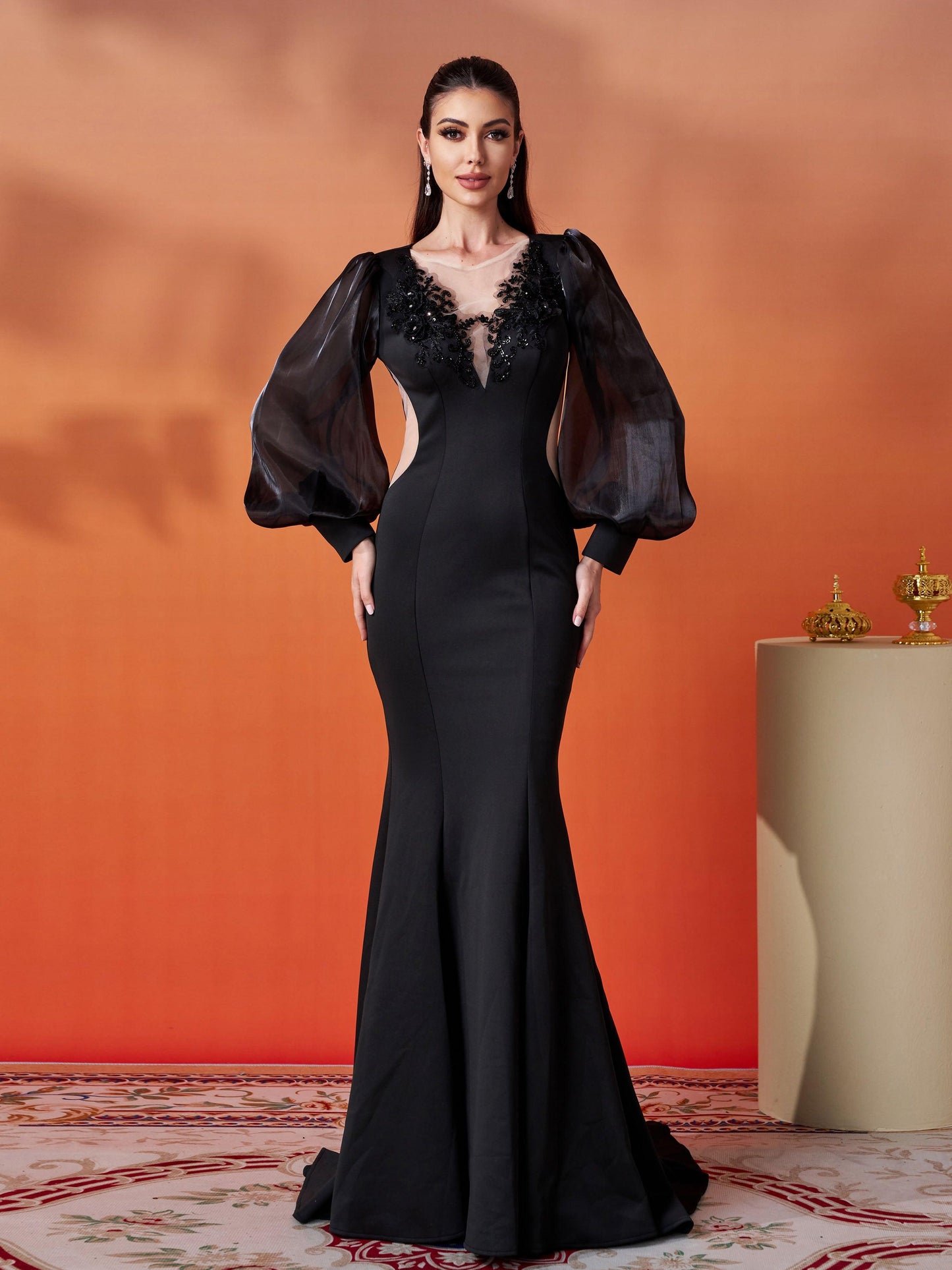 Silky Embroidered Floor-Length Dress - Puff Sleeve
