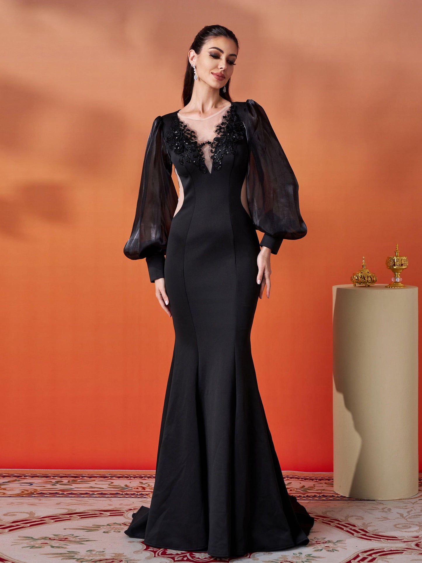 Silky Embroidered Floor-Length Dress - Puff Sleeve