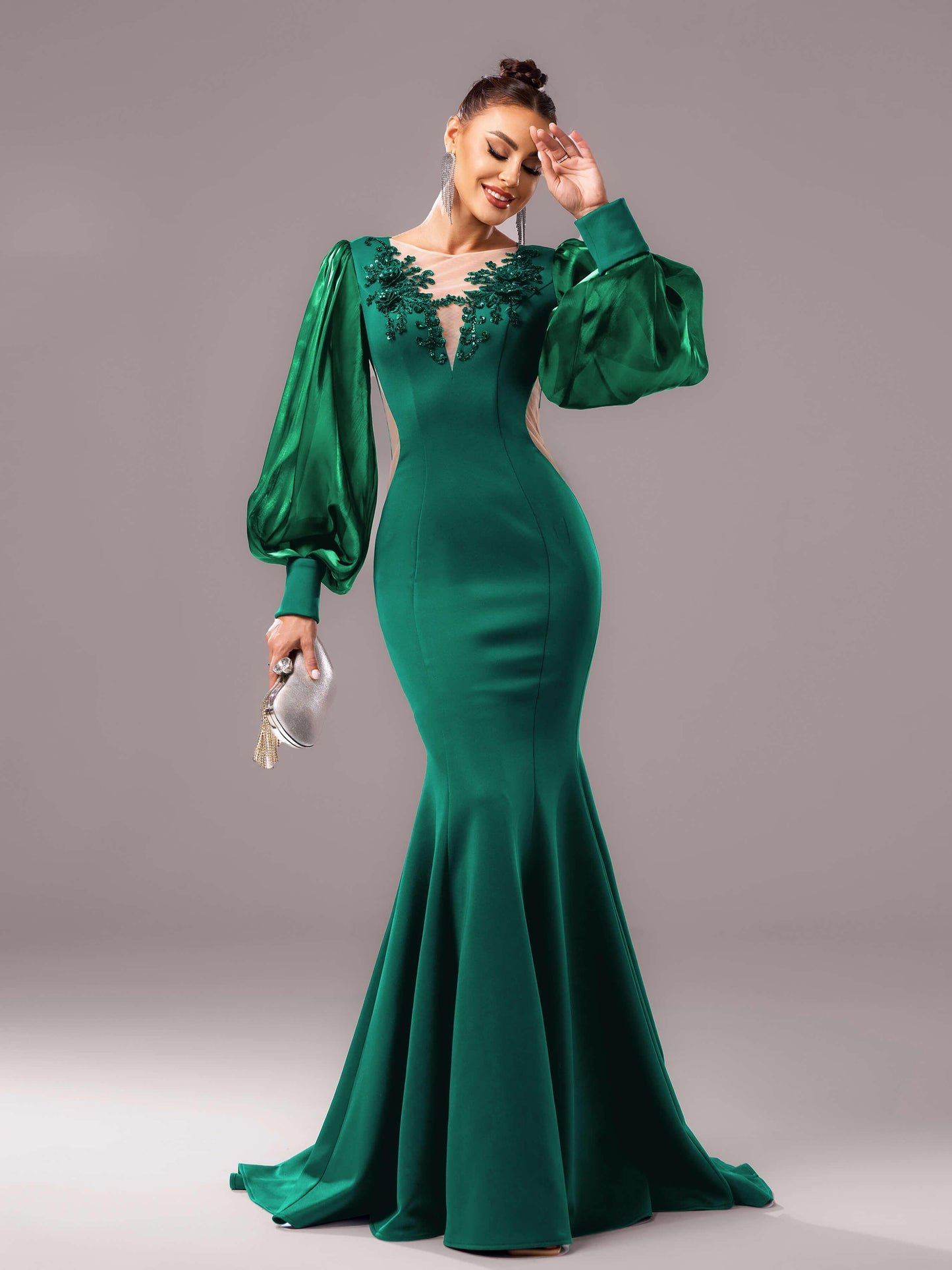 Silky Embroidered Floor-Length Dress - Puff Sleeve