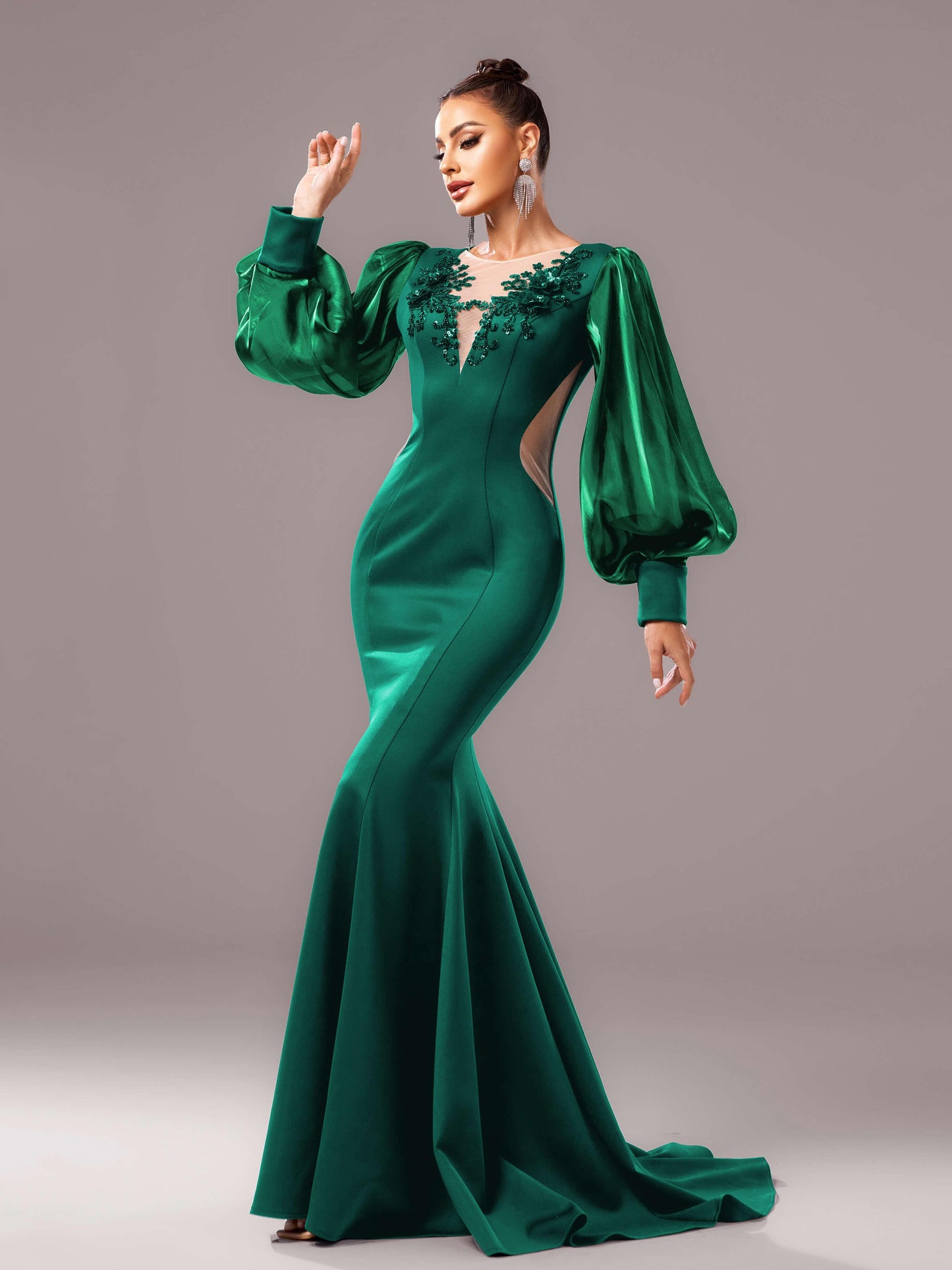 Silky Embroidered Floor-Length Dress - Puff Sleeve