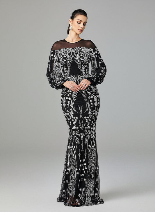 Modern Blend Evening Dress - Floral Sequin Mermaid with Balloon Sleeves