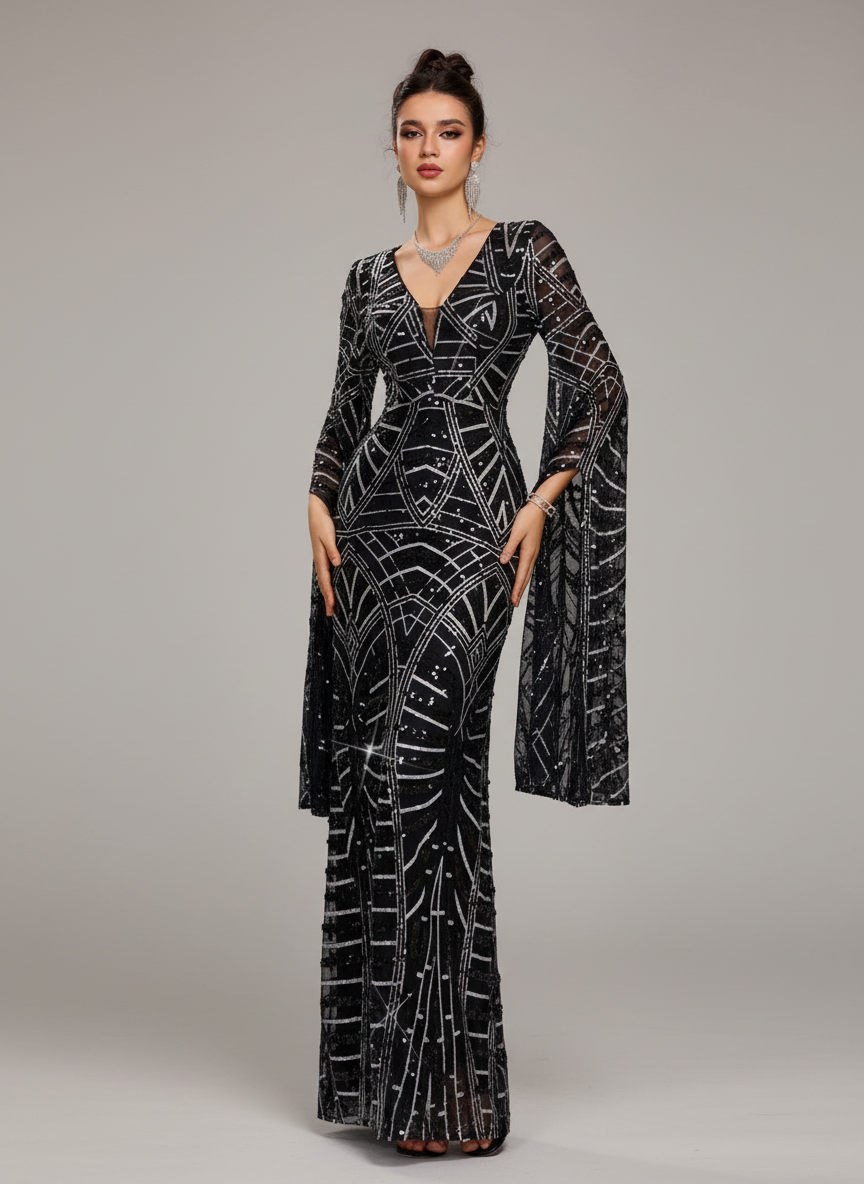 Structured Evening Dress - Geometric Sequin Bell Sleeve