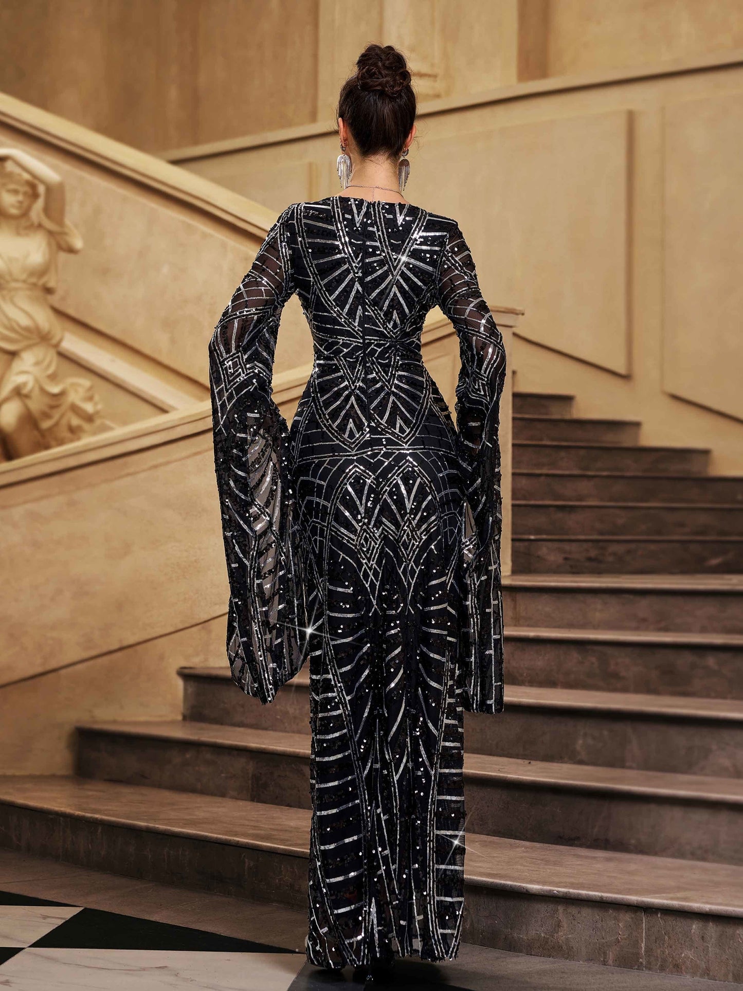 Structured Evening Dress - Geometric Sequin Bell Sleeve