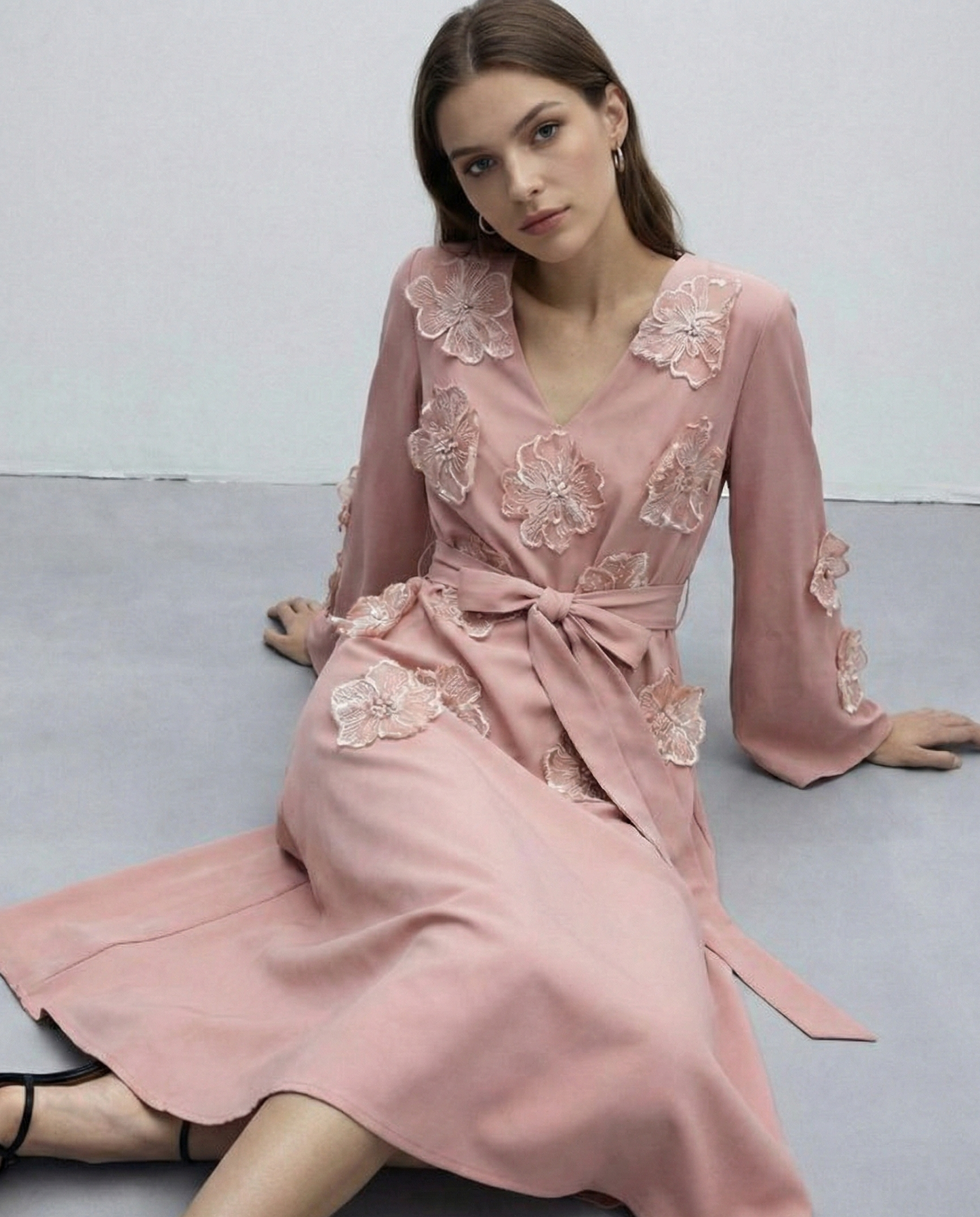 Polyester Floral Patchwork Long Ruffle Dress with Tie Design