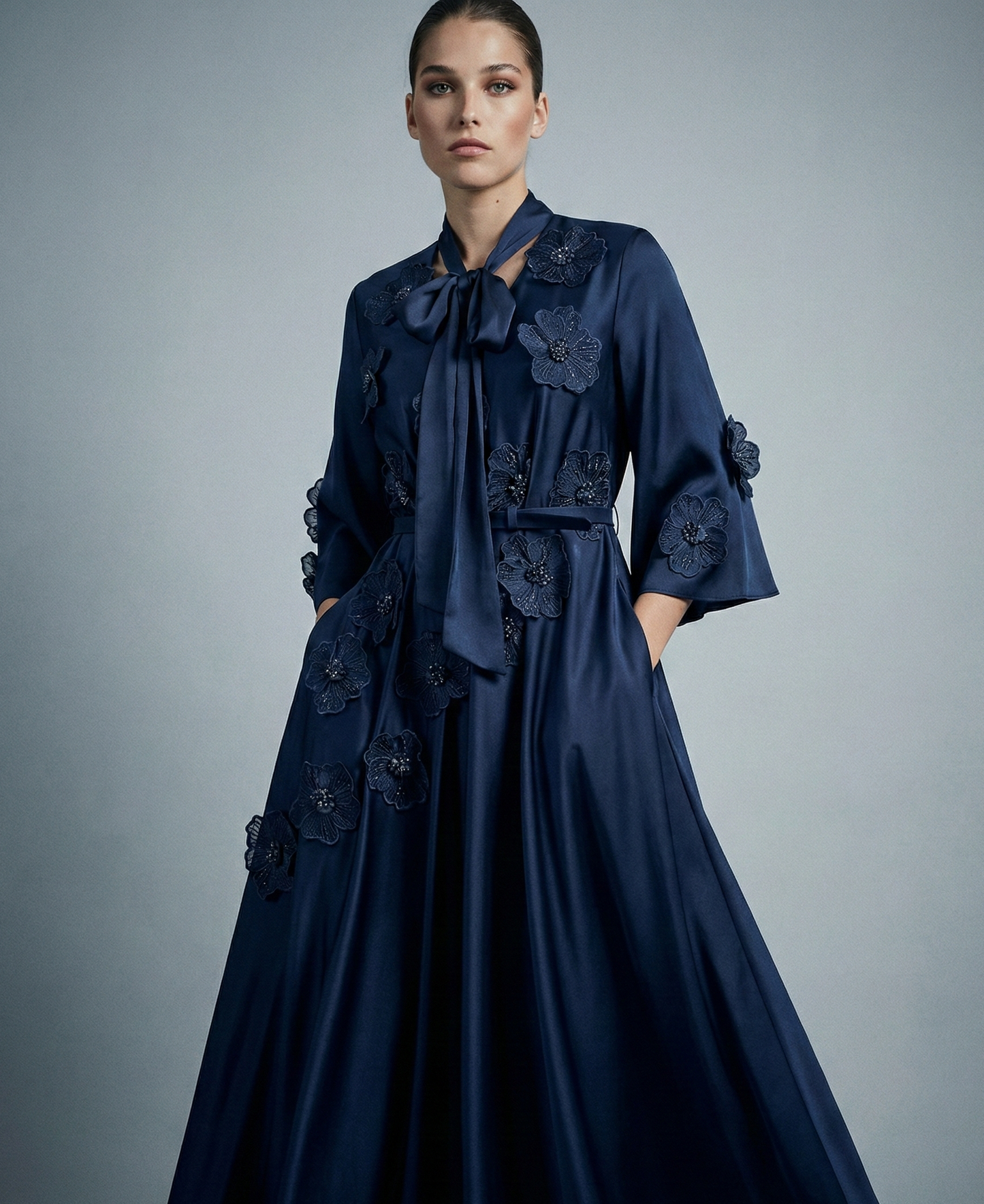 Polyester Floral Patchwork Long Ruffle Dress with Tie Design