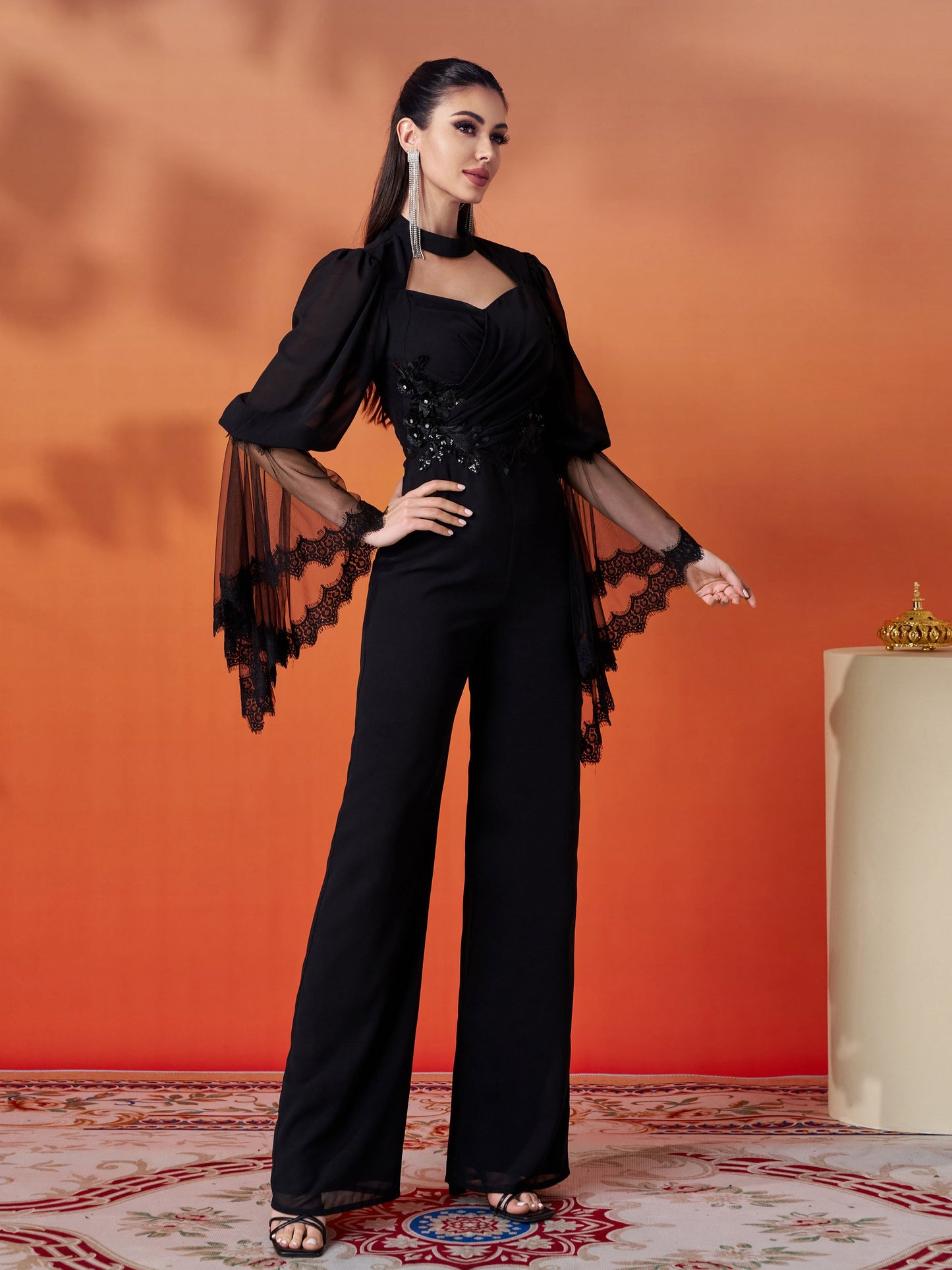 Wrinkle-Free Jumpsuit with Cutout Bell Sleeves