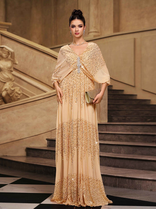 Silky Prom Dress - Cape Sleeve with Rhinestones