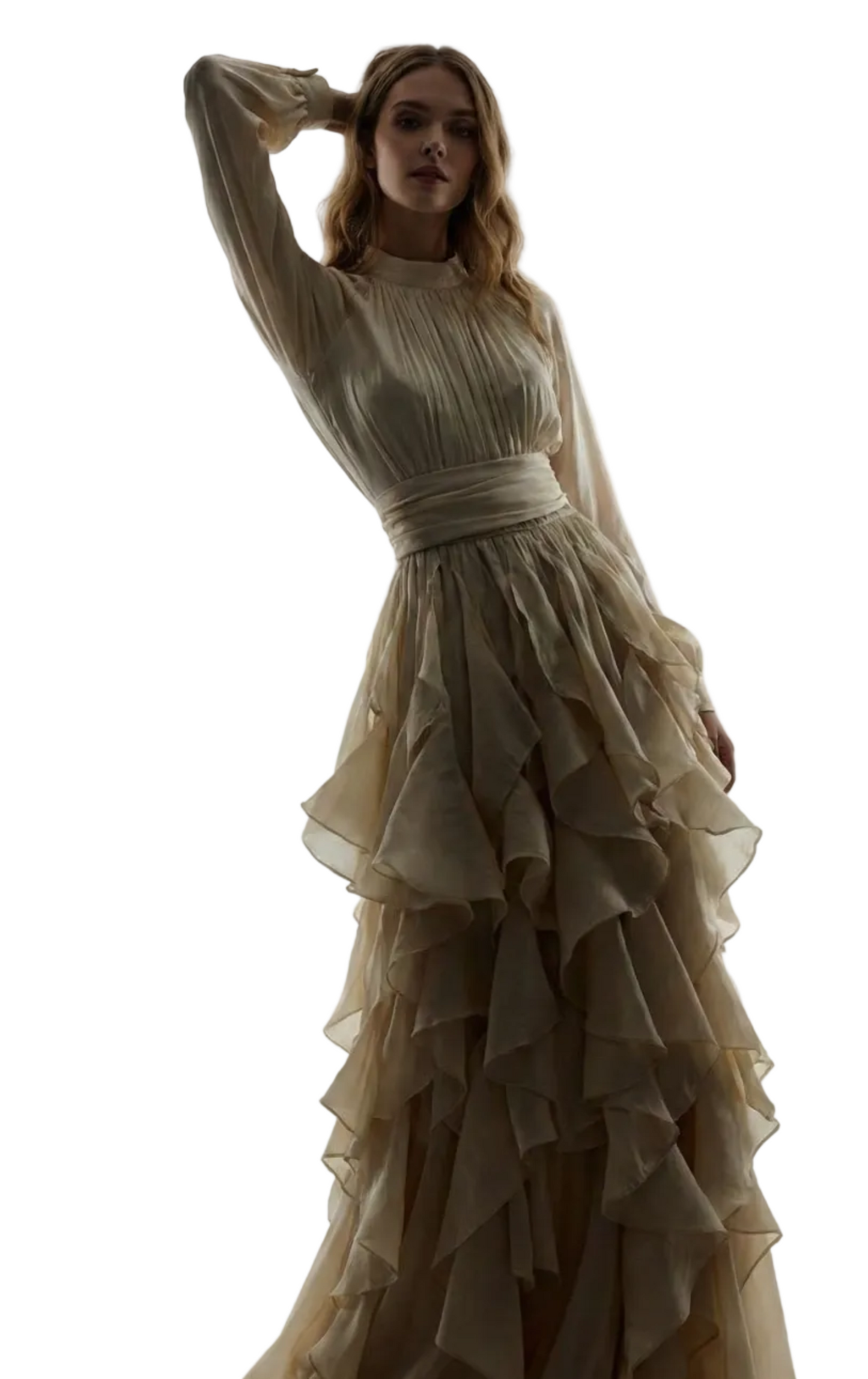 Polyester Ruffled Long Dress with Waist-Cinching Design