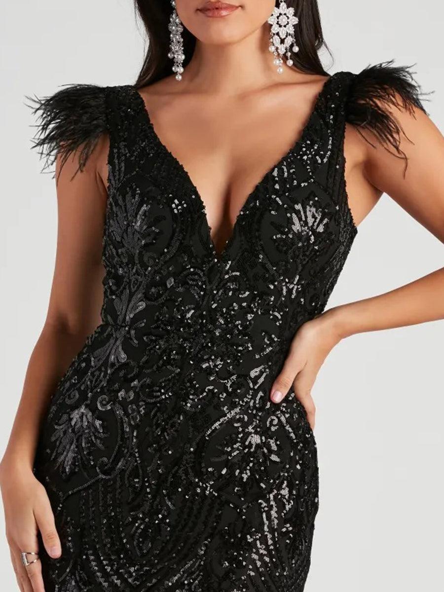 Performance Fabric Sequin Prom Dress - Black Feather Backless V-Neck