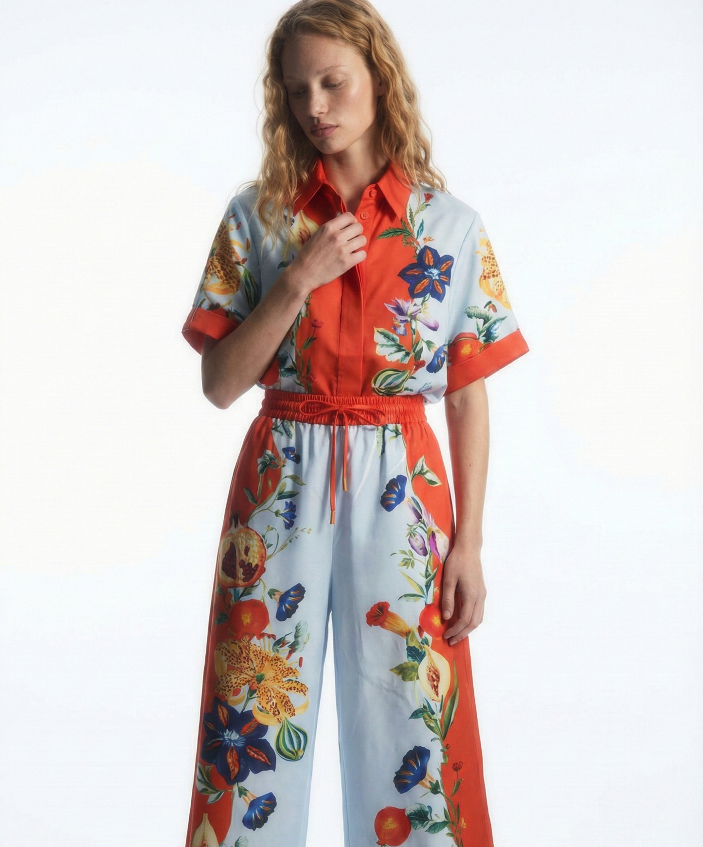 Polyester Two-Piece Set - Vintage Printed Shirt and Wide-Leg Pants