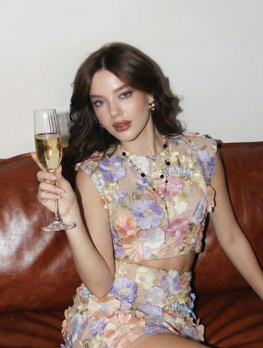 Polyester Two-Piece Set with Embroidered Lacework - Sleeveless Top & Bodycon Skirt