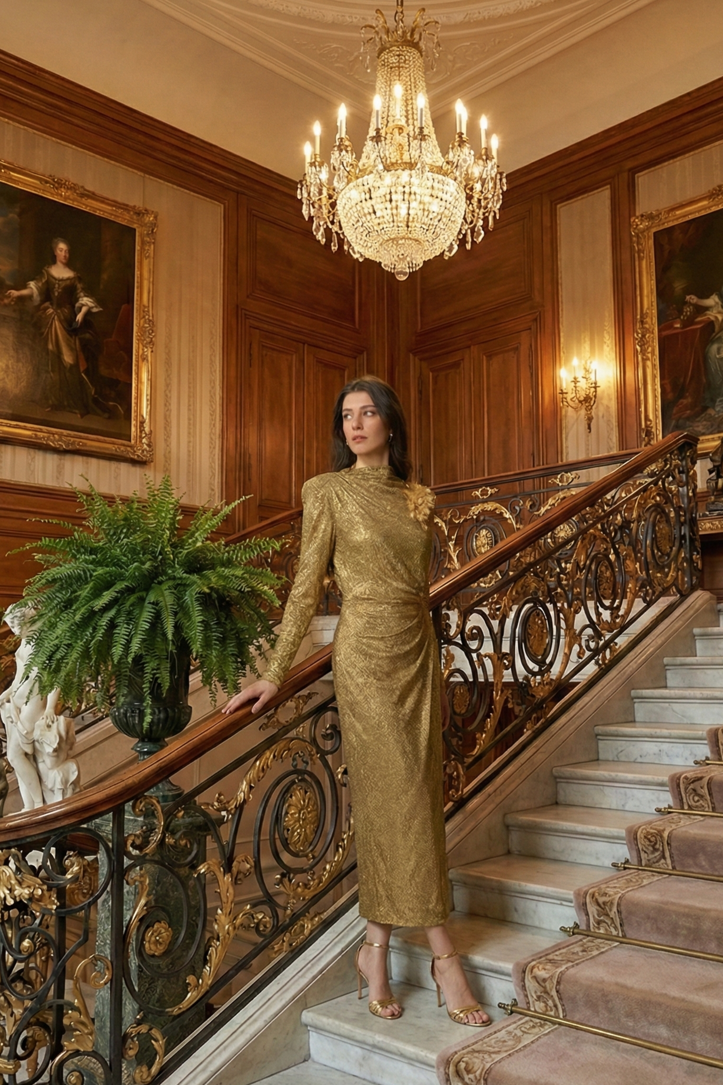 فستان ميدي ذهبي أنيق مزين بالزهور