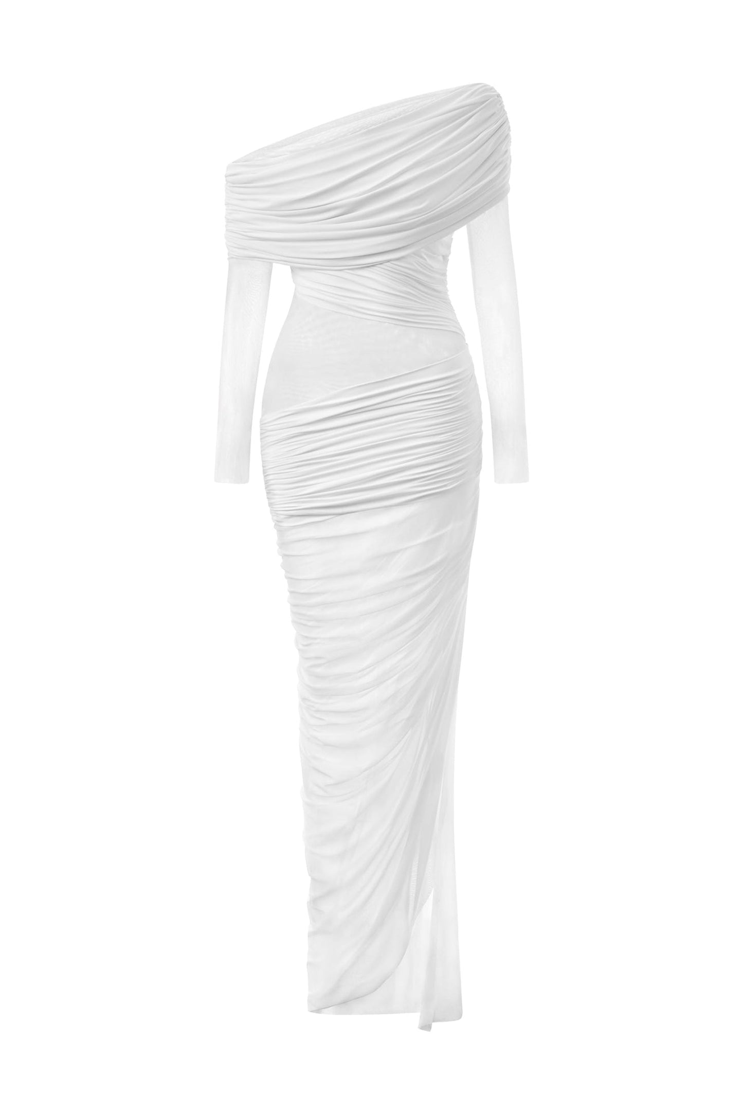 Jane Chic One Shoulder Ruched Mesh Maxi Dress