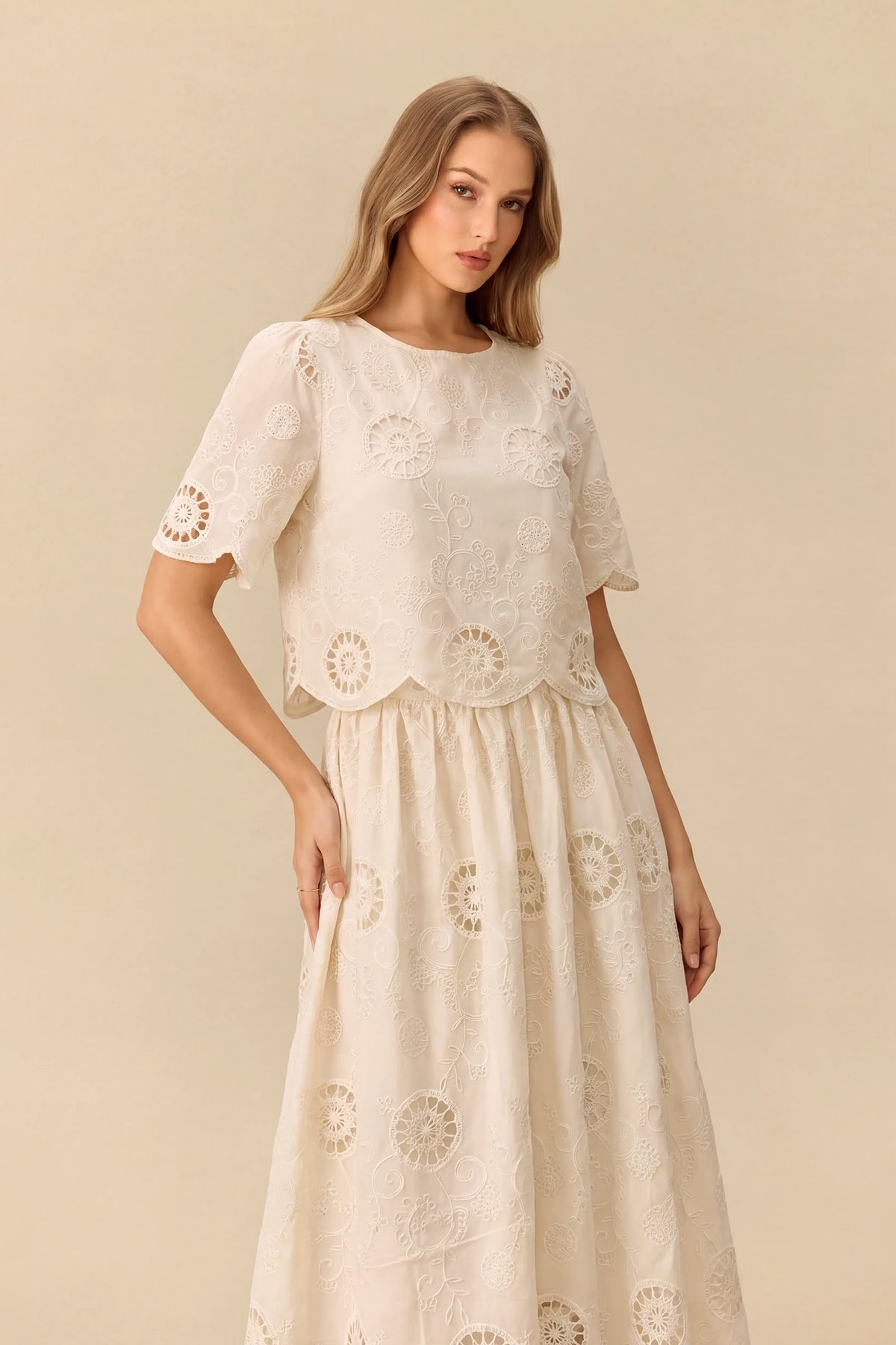 Beige Eyelet Embroidered Scalloped Short Puff-Sleeve Cropped Top & Midi Skirt Set