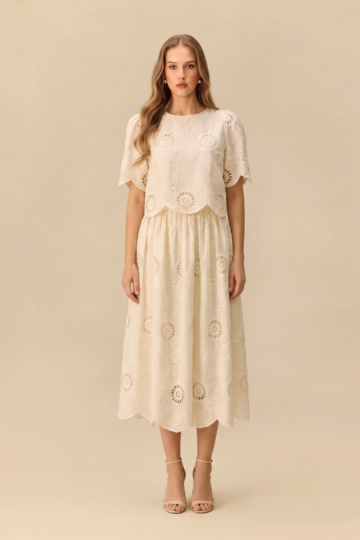 Beige Eyelet Embroidered Scalloped Short Puff-Sleeve Cropped Top & Midi Skirt Set
