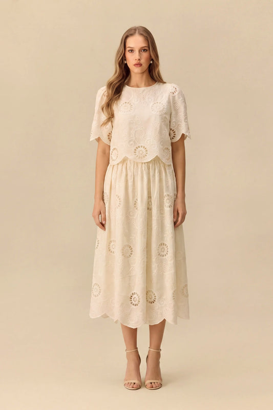 Beige Eyelet Embroidered Scalloped Short Puff-Sleeve Cropped Top & Midi Skirt Set