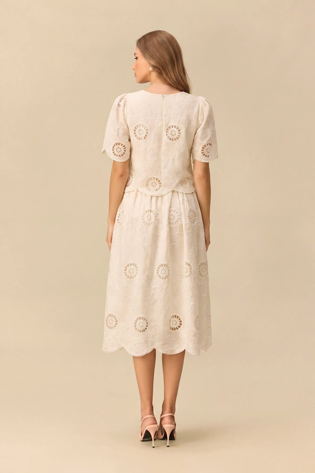 Beige Eyelet Embroidered Scalloped Short Puff-Sleeve Cropped Top & Midi Skirt Set