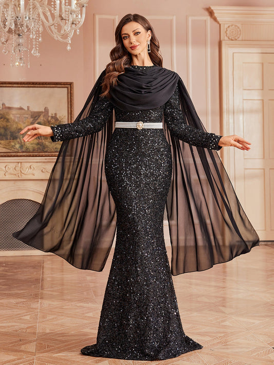 Sequin Mesh Mermaid Dress with Sheer Cape