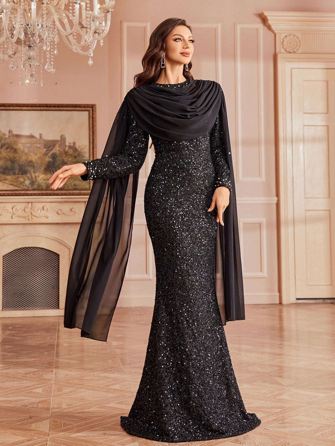 Sequin Mesh Mermaid Dress with Sheer Cape