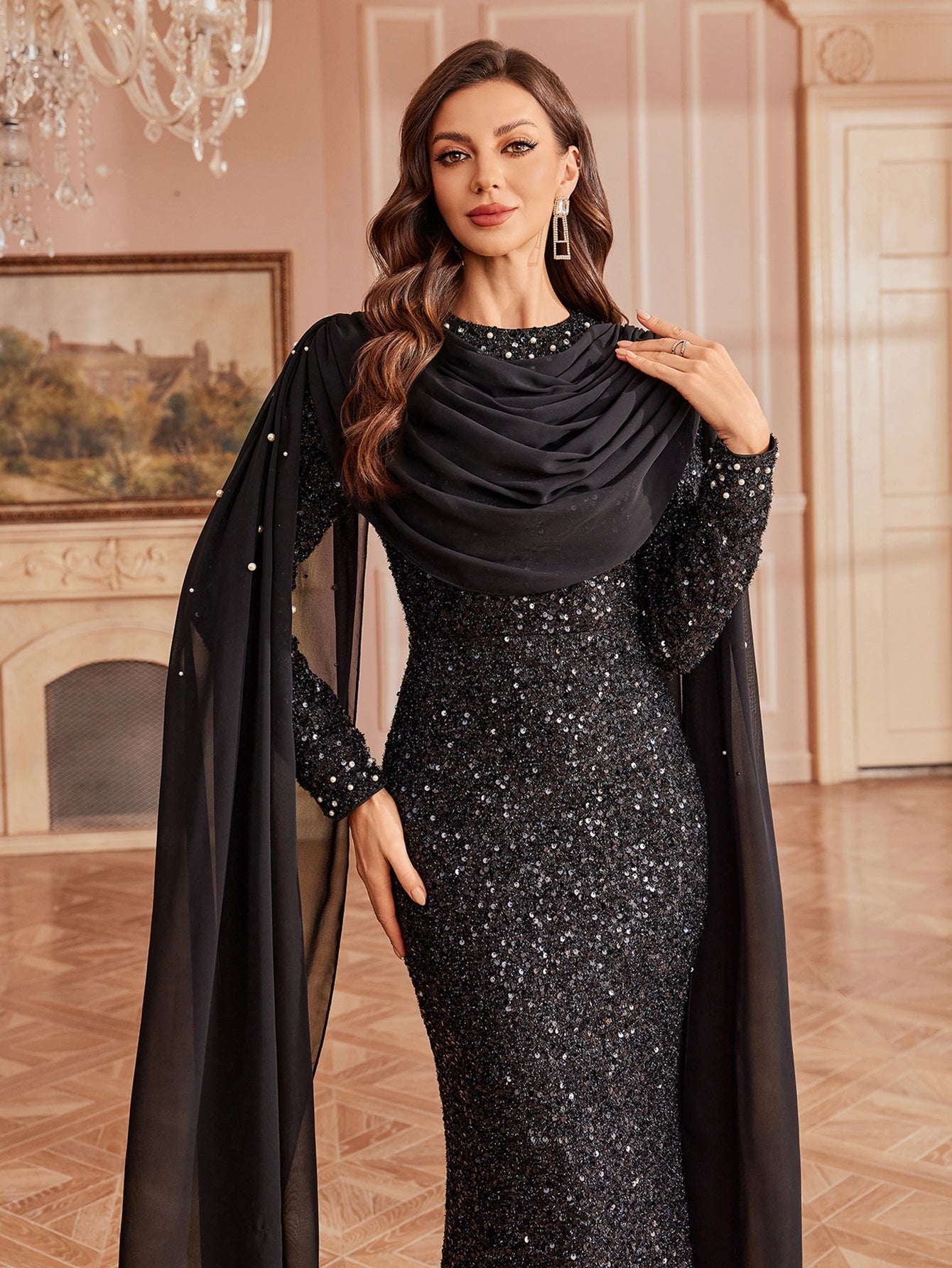 Sequin Mesh Mermaid Dress with Sheer Cape