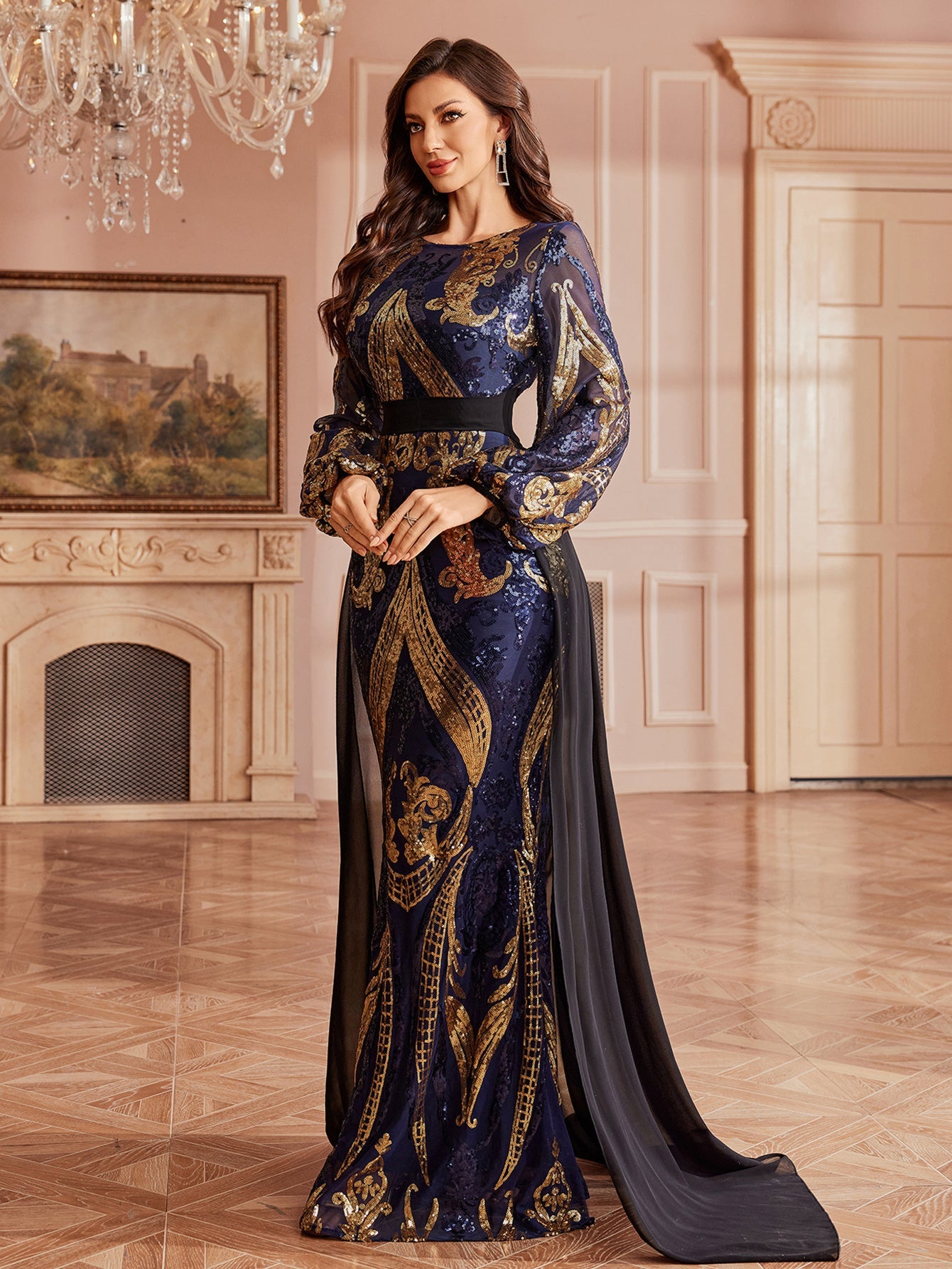 فستان عباية حريري - عباءة شفافة مزينة بالترتر الباروكي