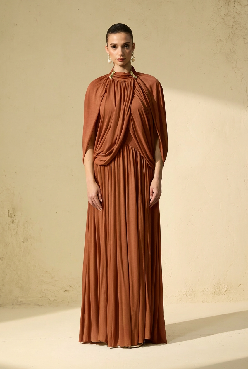 Sleek Brown Draped Cape Sleeve Maxi Dress