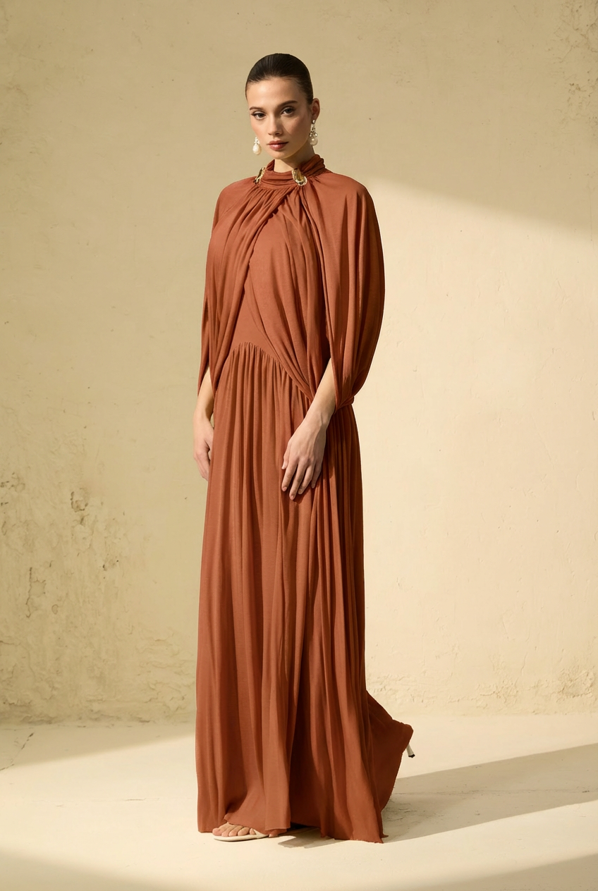 Sleek Brown Draped Cape Sleeve Maxi Dress